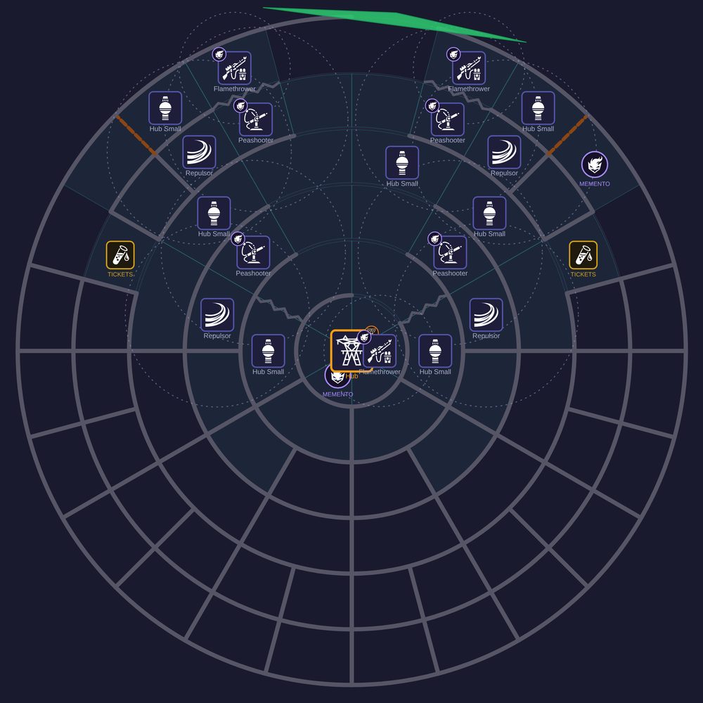 A frontal turret line down a two-lane avenue, attack ranges shown as dotted circles.