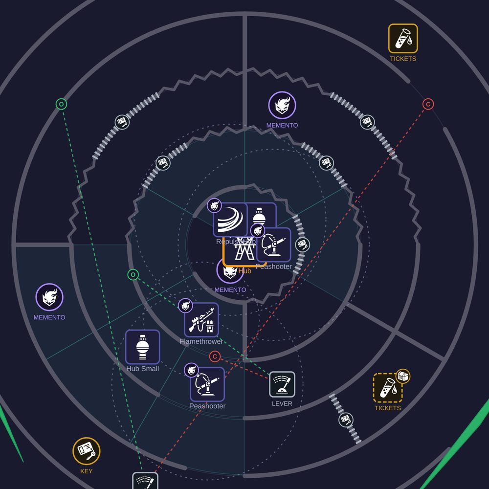 An authored encounter map: six blast doors chained to a single keycard, with two levers wired to airlock pairs.