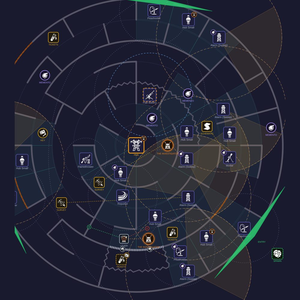 A dense authored map with sweep alarms, mementos and turret nests arranged in concentric rings around the central hub.